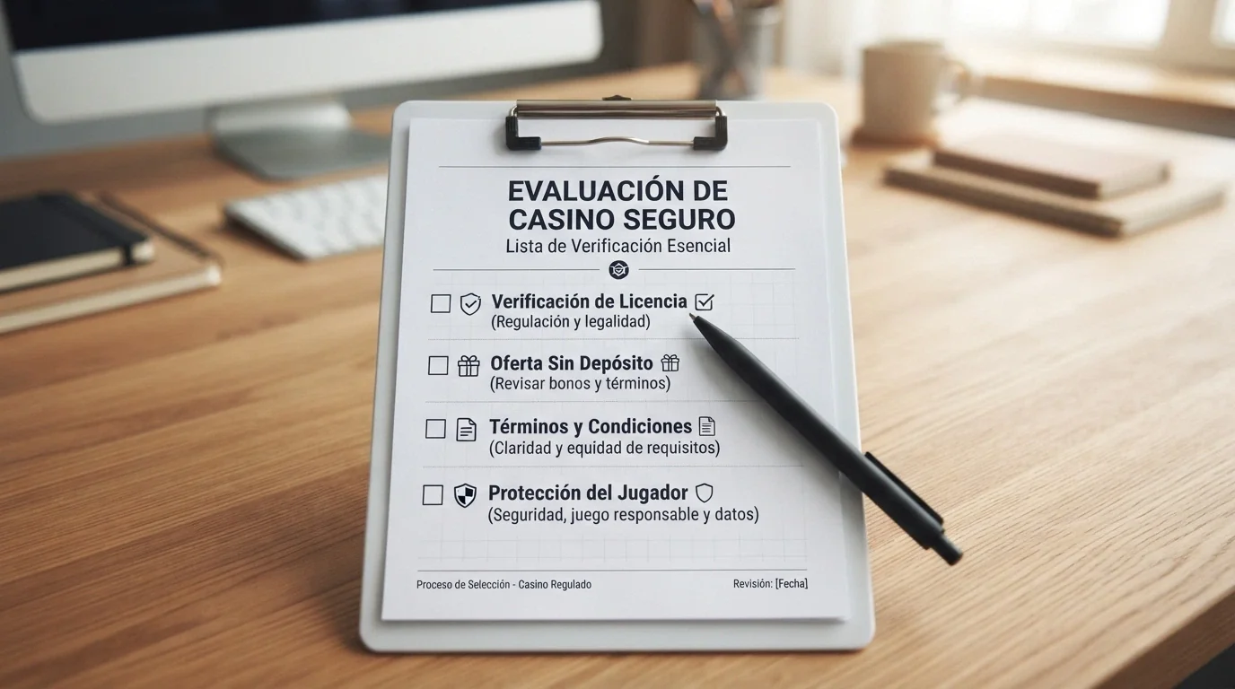 Lista de comprobación con los criterios de evaluación: licencia DGOJ, oferta sin depósito, condiciones, protección al jugador