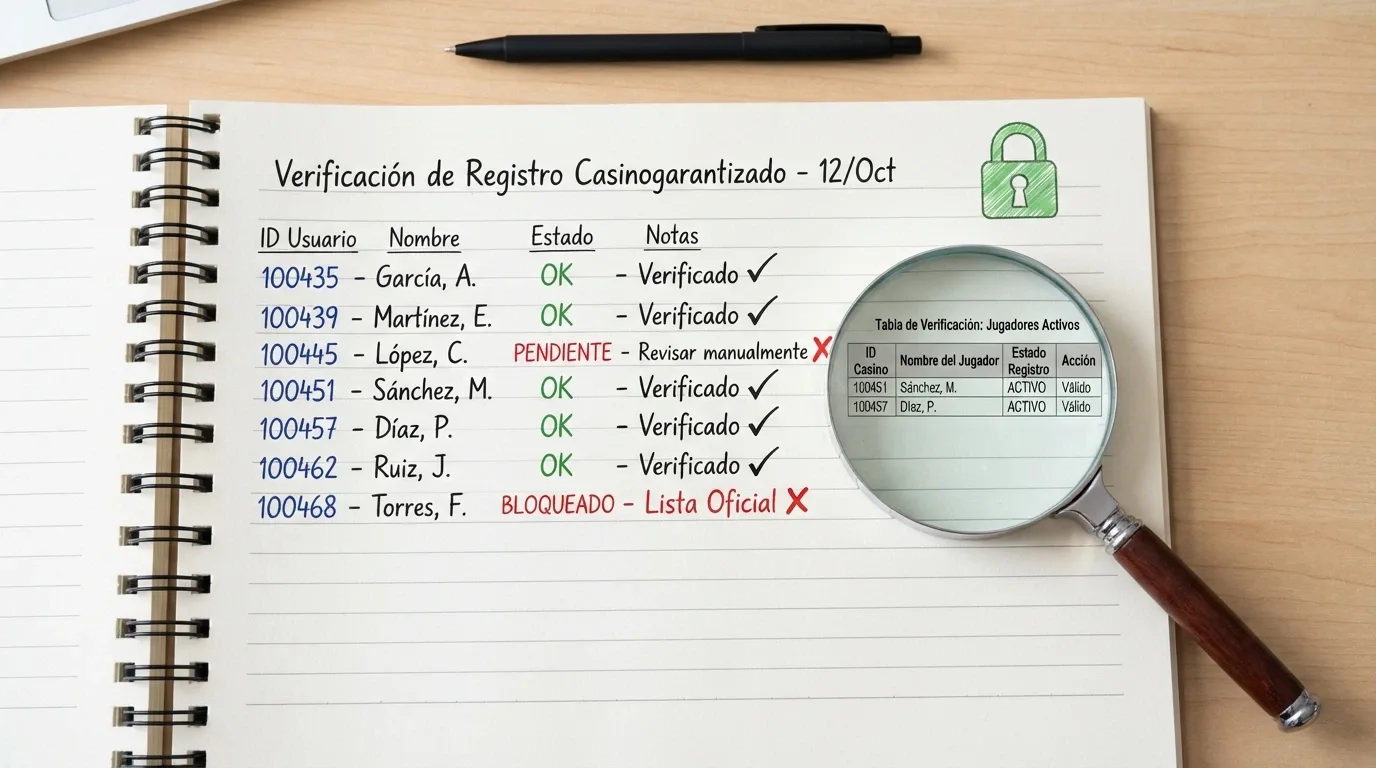 Bloc de notas abierto junto a una lupa sobre una tabla impresa con columnas de verificación y el logo de la DGOJ