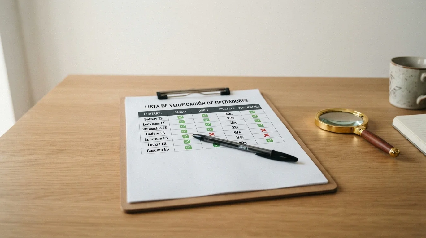 Lista de comprobación con los criterios de evaluación: licencia, bono, wagering y contraste con el registro DGOJ