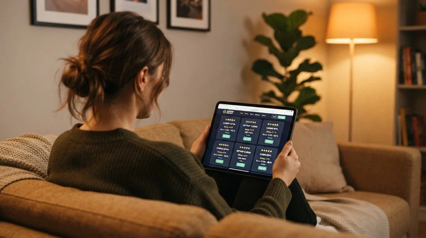 Jugador consultando una comparativa de casinos en tableta, con gesto reflexivo y entorno doméstico neutro