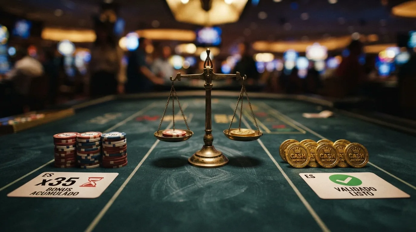 Un jugador ante dos caminos sobre una mesa de casino: uno lleva a un bono con rollover alto y condiciones estrictas, el otro a giros gratis sin rollover, con una balanza que pesa condiciones frente a importe
