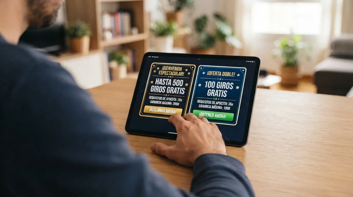 Manos de un jugador sobre una tablet mostrando dos ofertas de giros gratis una al lado de la otra, con las condiciones resaltadas