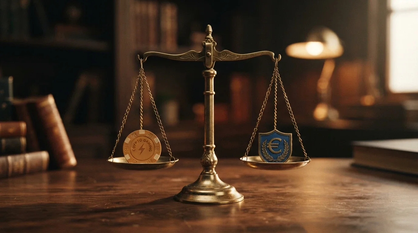 Una balanza con el logotipo de TRON en un platillo y el escudo de la DGOJ en el otro, equilibrada