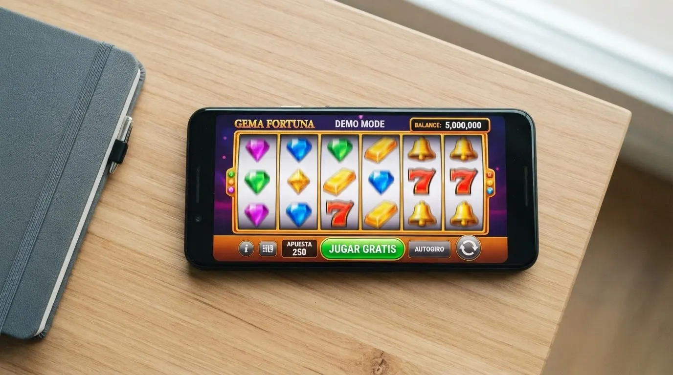 Un slot de Big Time Gaming en modo demo con un saldo ficticio destacado en la esquina y el botón «jugar gratis» señalado