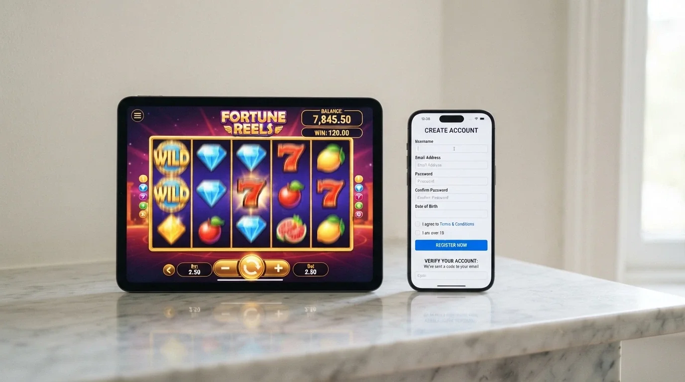 Dos paneles enfrentados: a la izquierda una pantalla de juego demo con fichas virtuales, a la derecha una pantalla de registro con campo de verificación de identidad