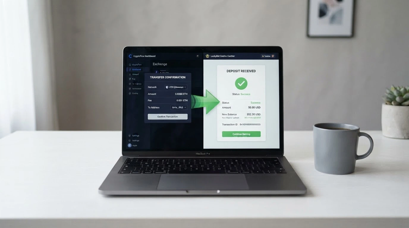 Un portátil abierto con la pantalla partida: en la mitad izquierda, la interfaz de Binance mostrando una transferencia BEP-20; en la mitad derecha, la caja de un casino reflejando el ingreso recibido en BNB. Una flecha verde une ambas pantallas.