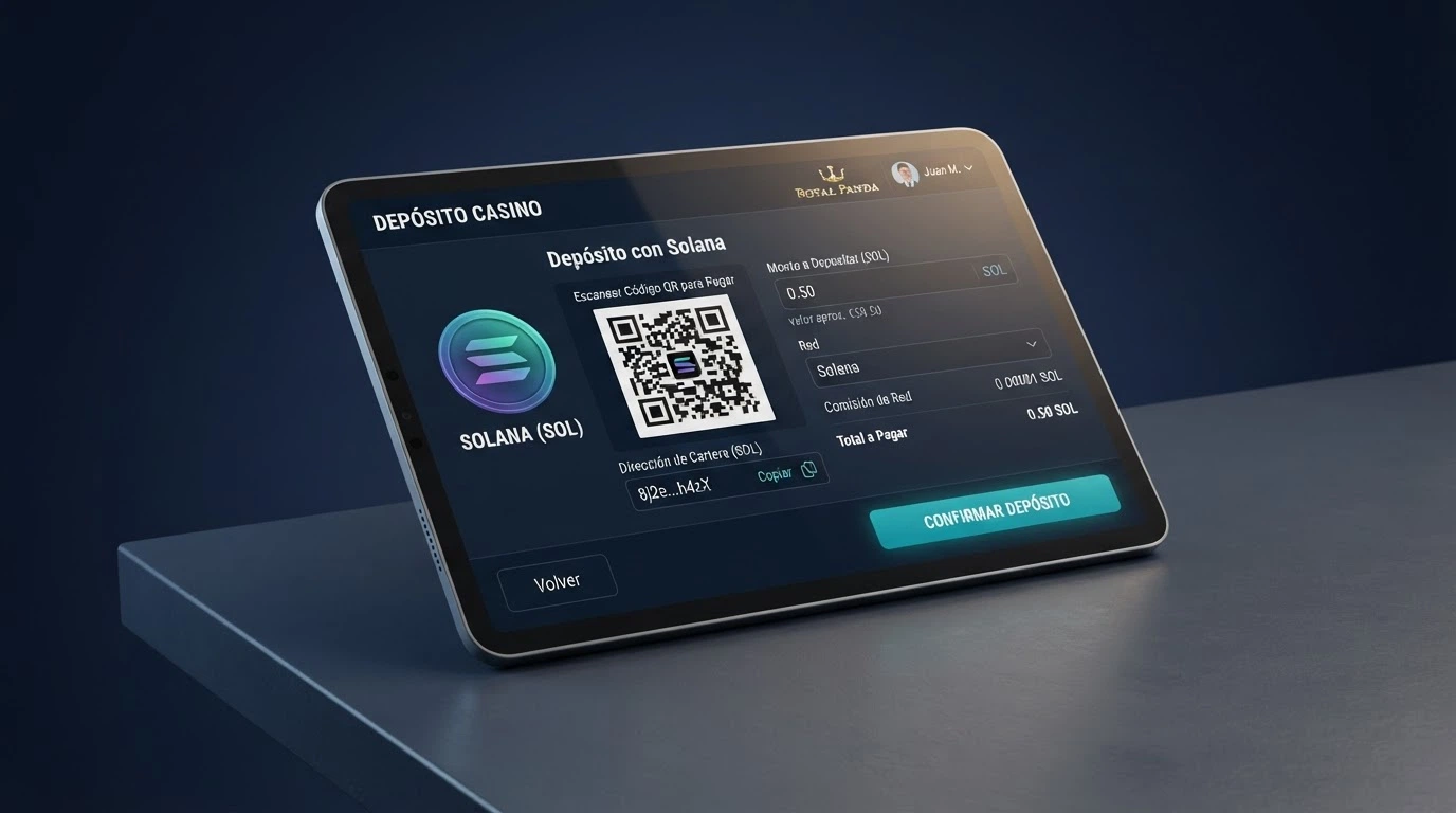 Interfaz del cajero de un casino online con la opción Solana seleccionada, mostrando una dirección de depósito y un código QR para escanear con la wallet
