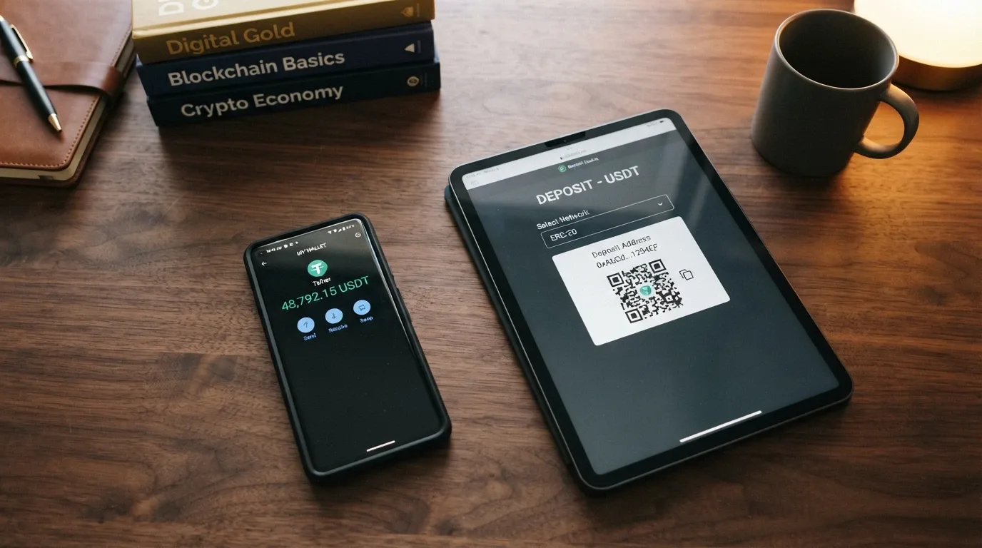 Un teléfono móvil mostrando una wallet de criptomonedas con saldo en USDT junto a la pantalla de cajero de un casino online