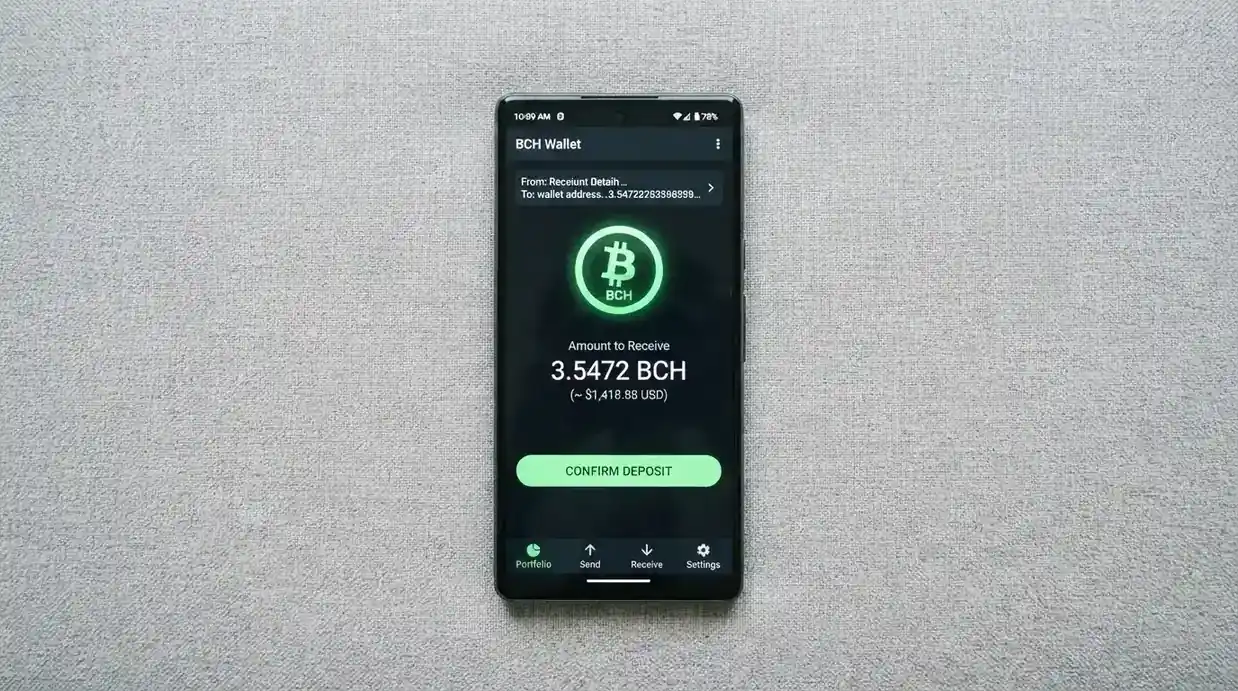 Pantalla de una wallet de criptomonedas mostrando el envío de Bitcoin Cash a la dirección de depósito de un casino online