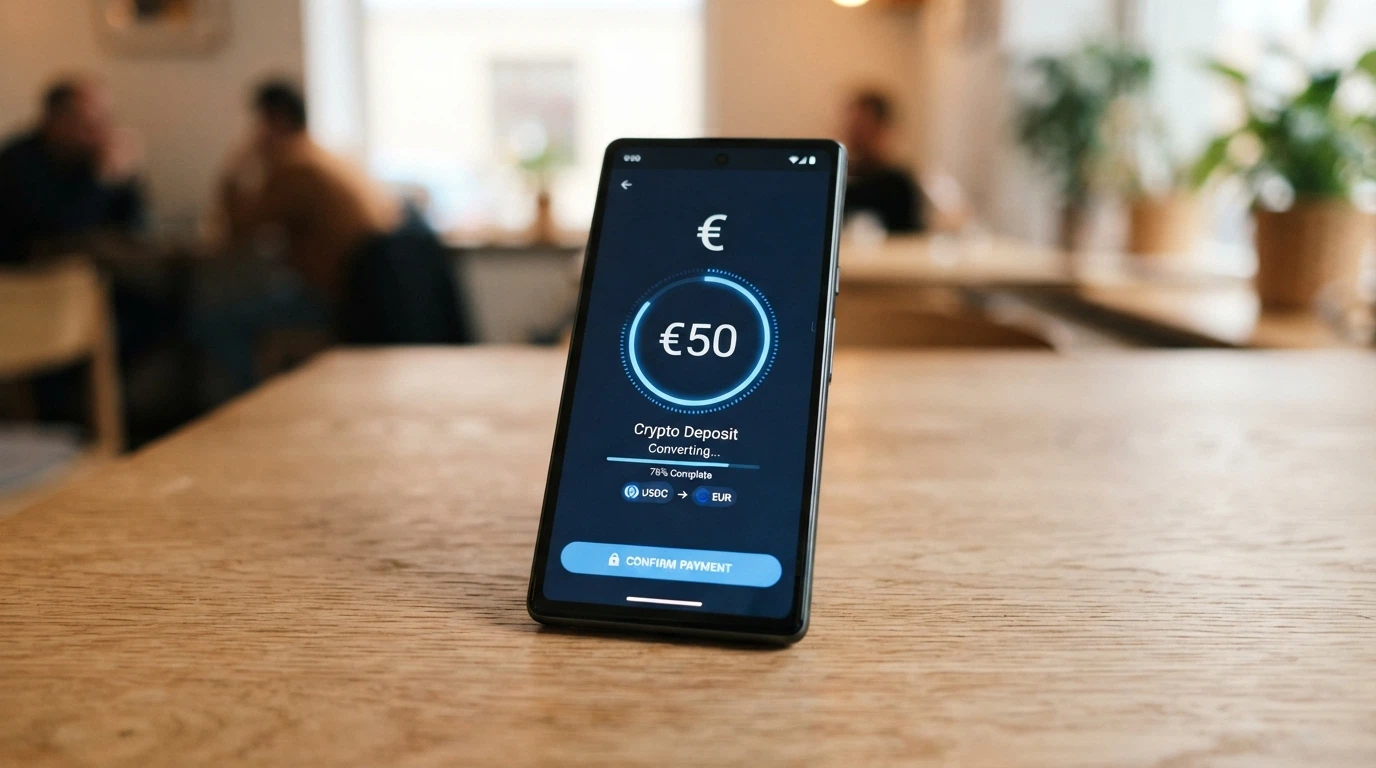 Pantalla de un móvil mostrando la interfaz de depósito con criptomonedas a través de un procesador de pago