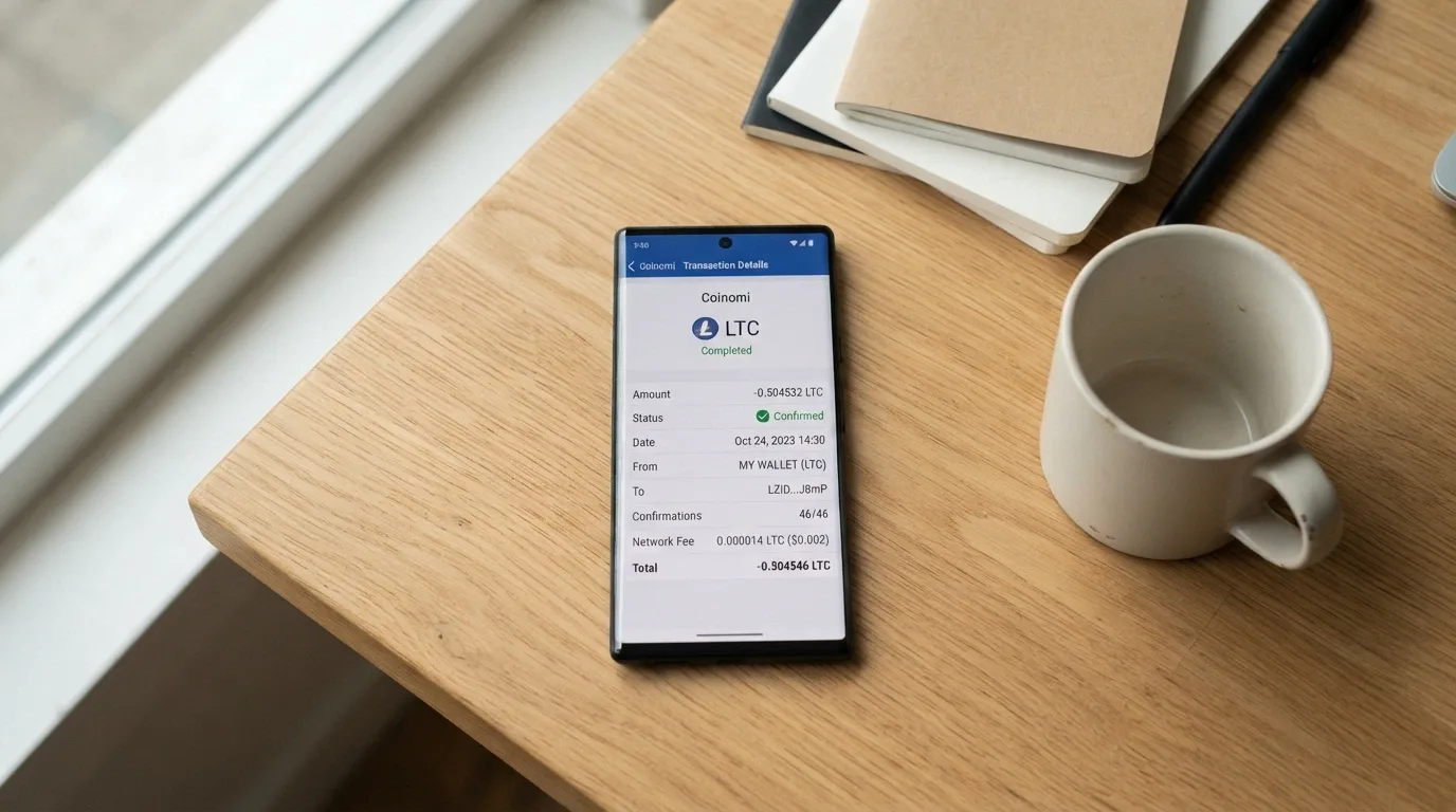 Pantalla de un monedero Litecoin mostrando una transacción de depósito completada con el tiempo de confirmación y la comisión de red