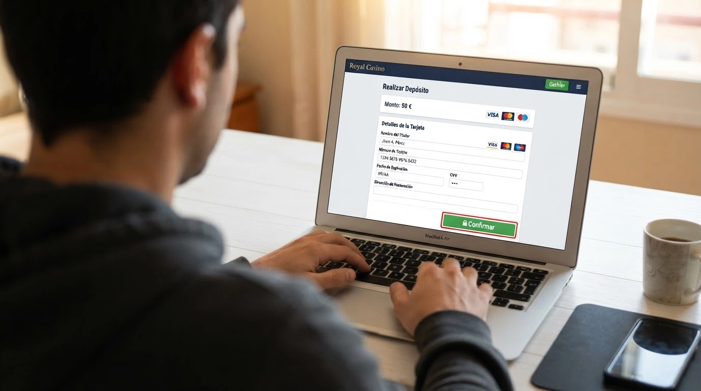 Cajero virtual de un casino online español con la opción de pago con tarjeta Visa seleccionada y el importe del depósito en euros