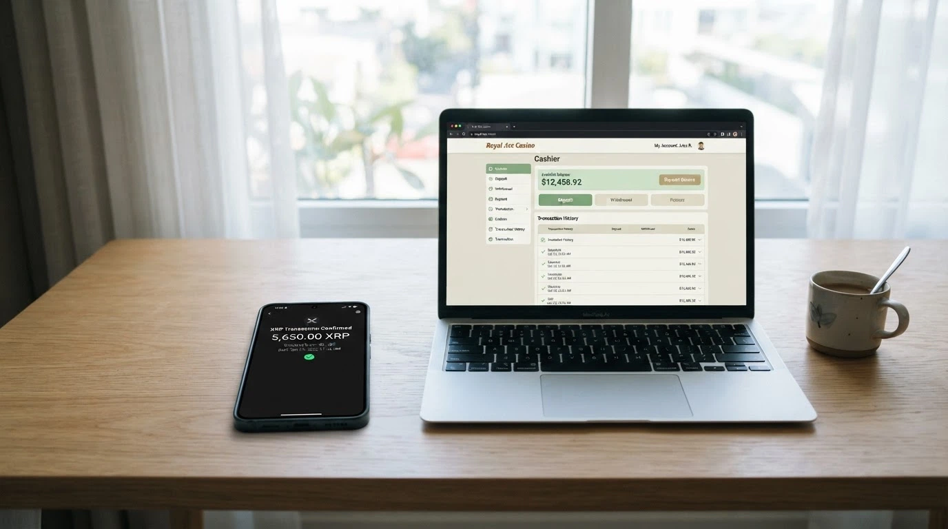 Pantalla dividida: a la izquierda una wallet de criptomonedas mostrando una transacción de XRP confirmada; a la derecha, la interfaz de un casino con el saldo acreditado