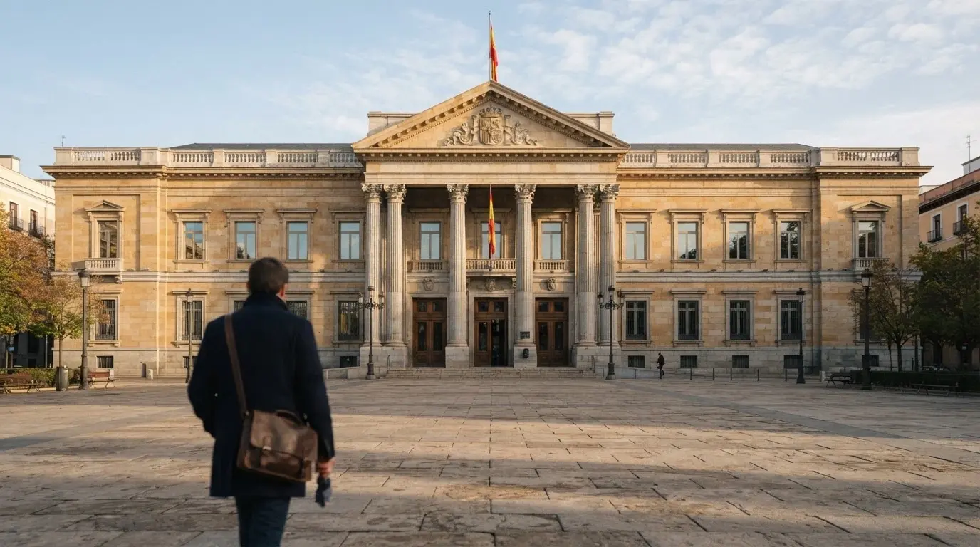 Fachada del edificio de la DGOJ en Madrid o pantalla del registro público de operadores autorizados en ordenacionjuego.es con varios dominios .es visibles