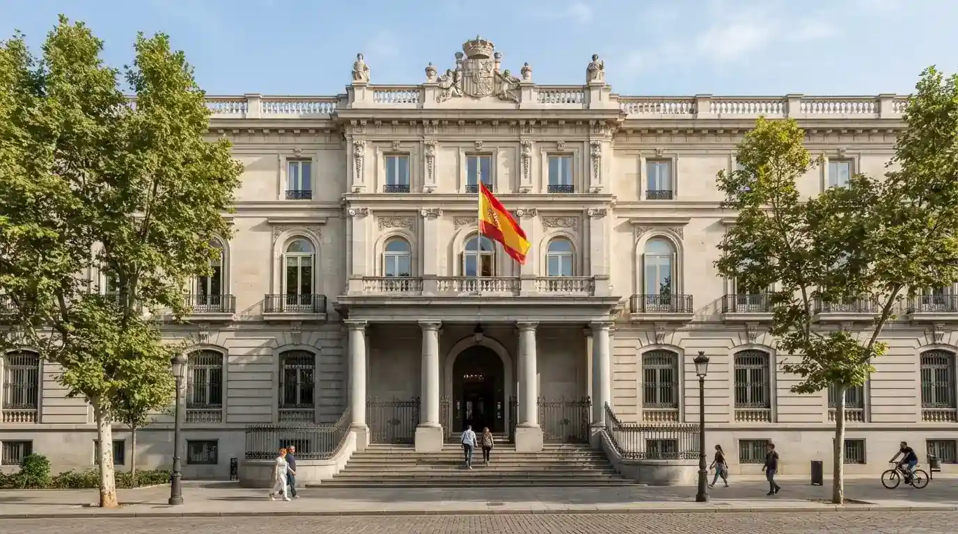 La fachada de un edificio institucional español con el logotipo de la DGOJ y la bandera de España, representando la autoridad reguladora del juego online.