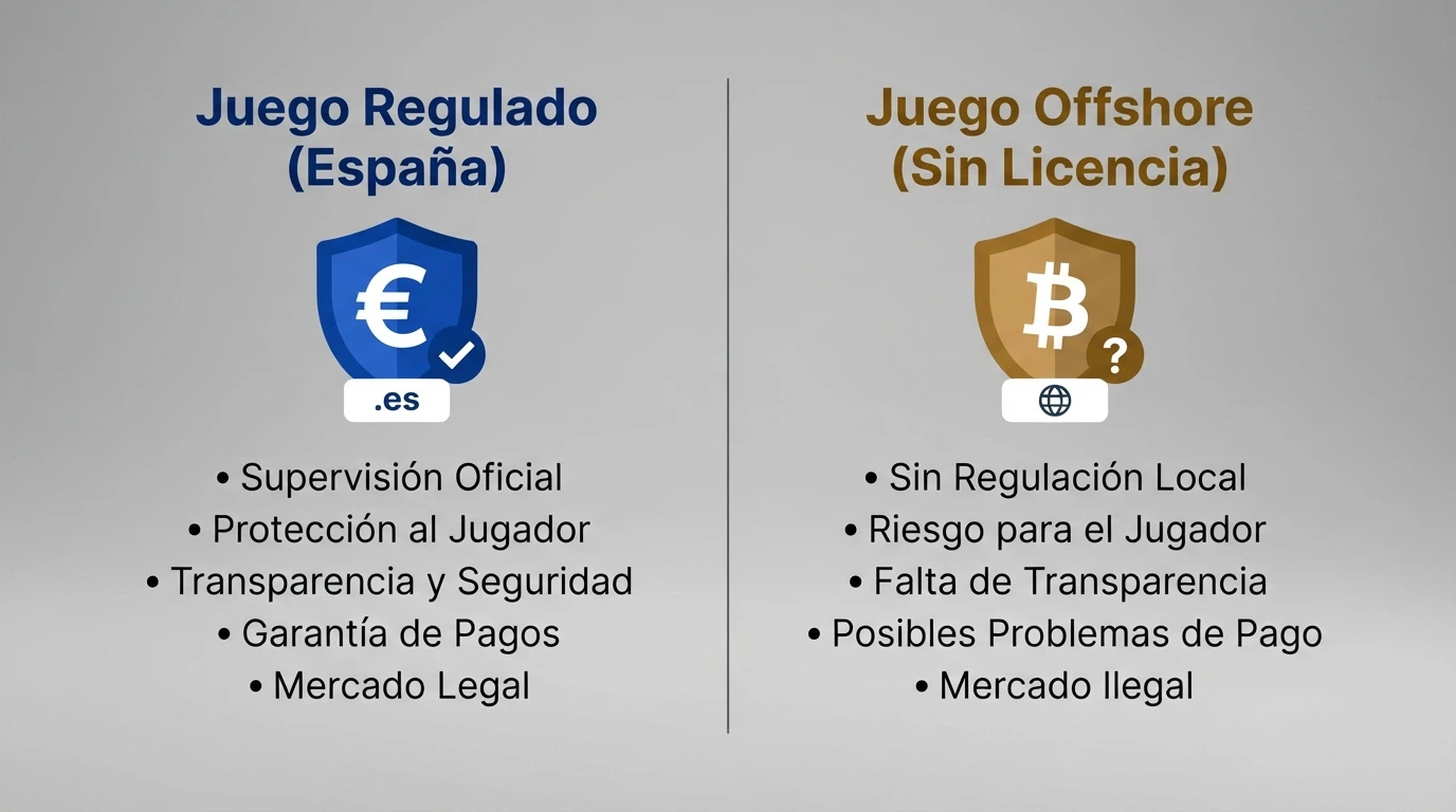 Diagrama comparativo: a la izquierda casino con licencia DGOJ (.es, pago en euros, protección RGIAJ), a la derecha casino TRX offshore (Curazao, cripto, sin recurso en España)