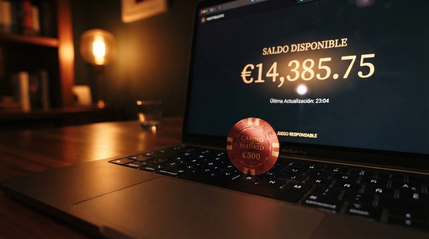 Un billete de 10 euros saliendo parcialmente de la pantalla de un ordenador que muestra el saldo de un casino online