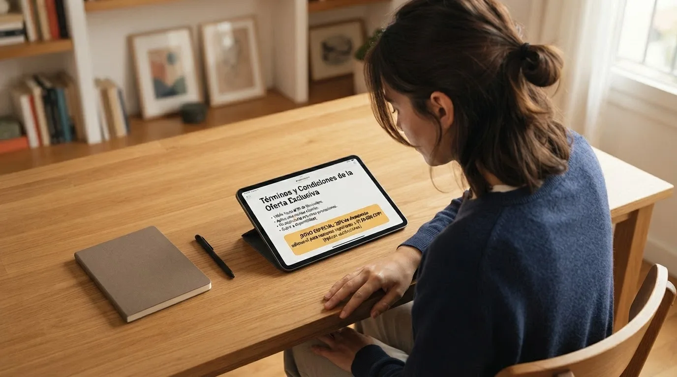 Un jugador consultando las condiciones de un bono en la página de promociones de un casino online español desde una tablet