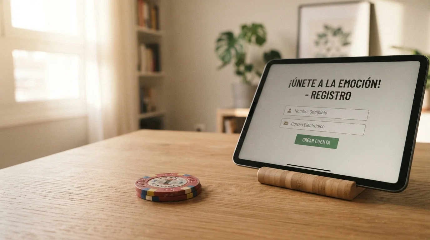 Un billete de 5 euros sobre una mesa junto a una pantalla que muestra la página de registro de un casino online español