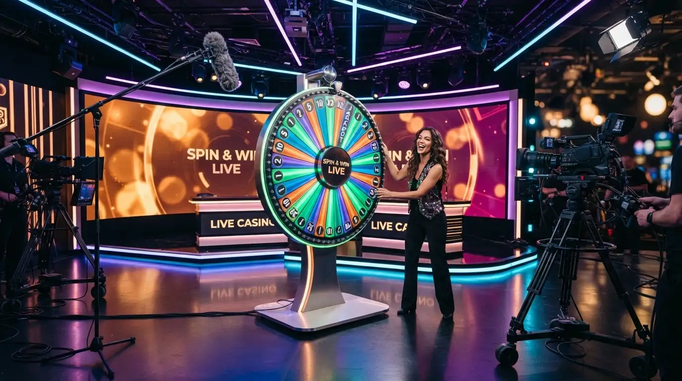 El estudio de Crazy Time en Riga durante una emisión en directo, con el presentador interactuando con la cámara y la rueda en primer plano