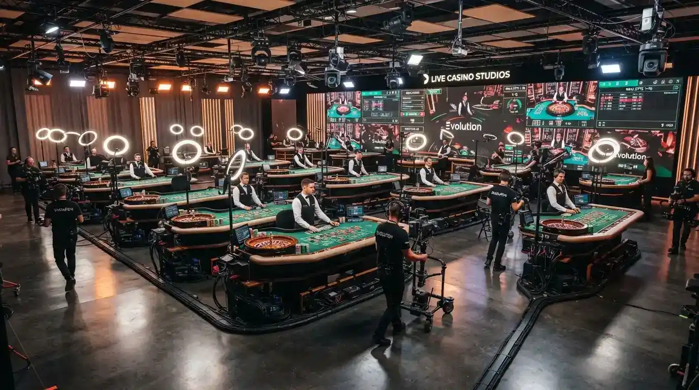 Estudio de producción de casino en vivo con varias mesas de ruleta, pantallas y equipo de filmación
