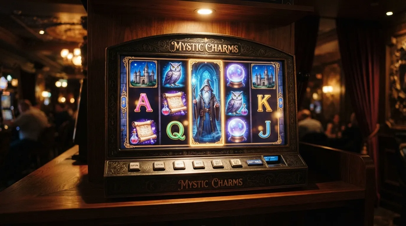 Los rodillos de Blue Wizard con sus símbolos de cristal, el mago protagonista y el castillo de fondo en una pantalla 5×3