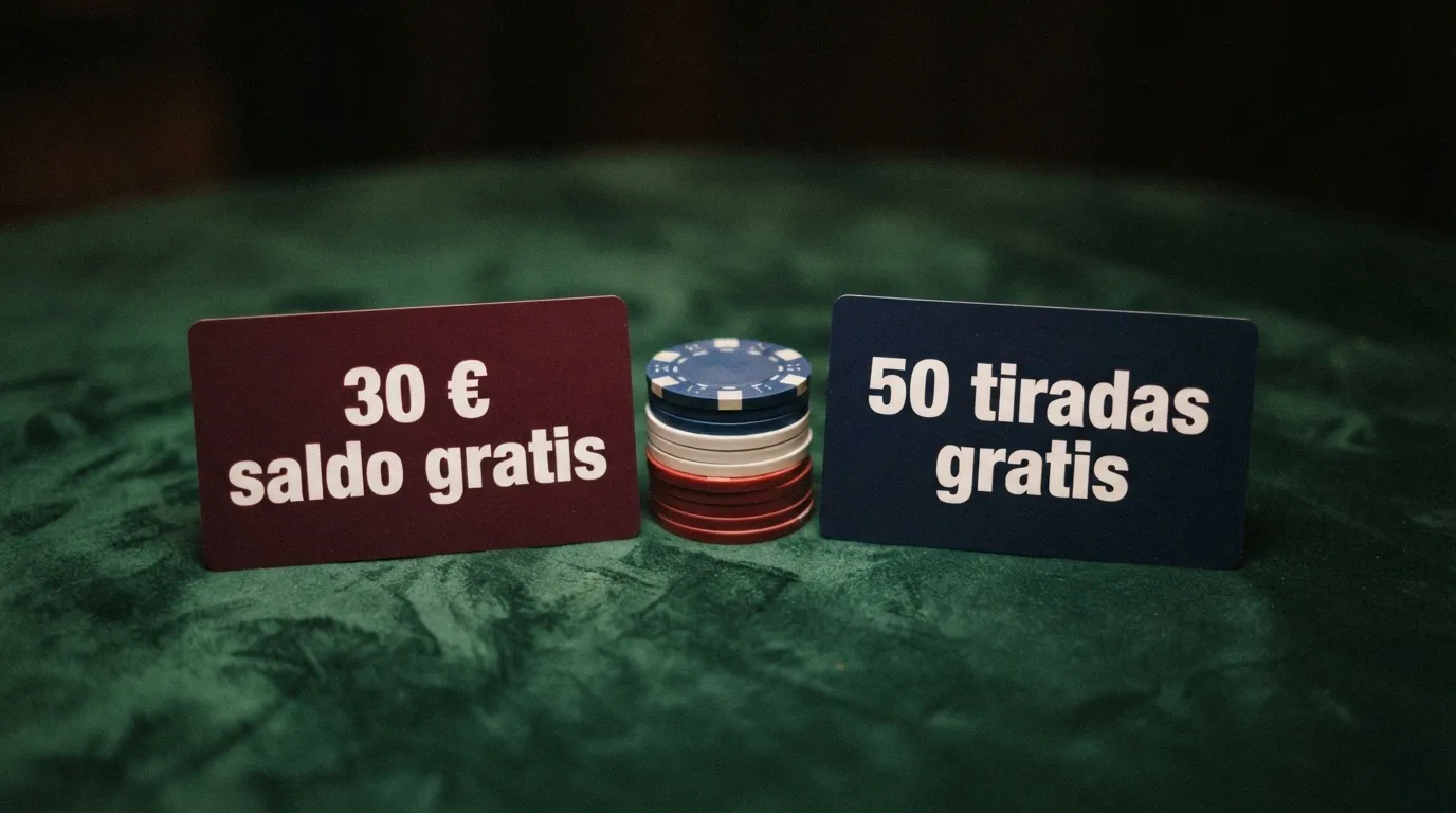 Dos tarjetas de regalo una junto a otra: una con el texto «30 € saldo gratis» y otra con «50 tiradas gratis», sobre un fondo de terciopelo de casino