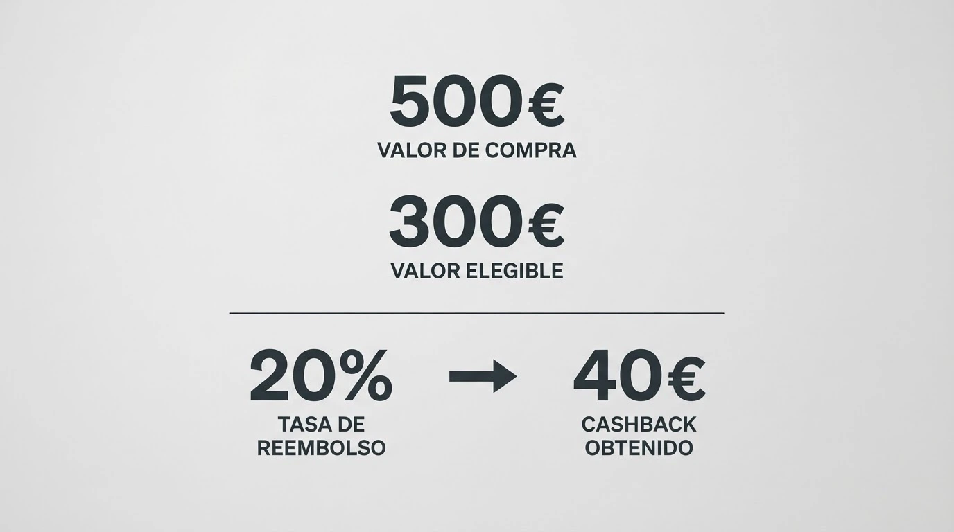 Representación visual de la fórmula del cashback con las cifras del ejemplo: 500€ jugados, 300€ ganados, 20% de reembolso igual a 40€
