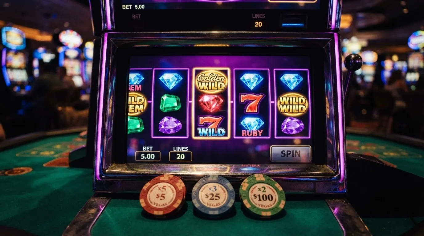 Una ruleta de tragaperras con el símbolo de giros gratis iluminado y fichas de casino alrededor