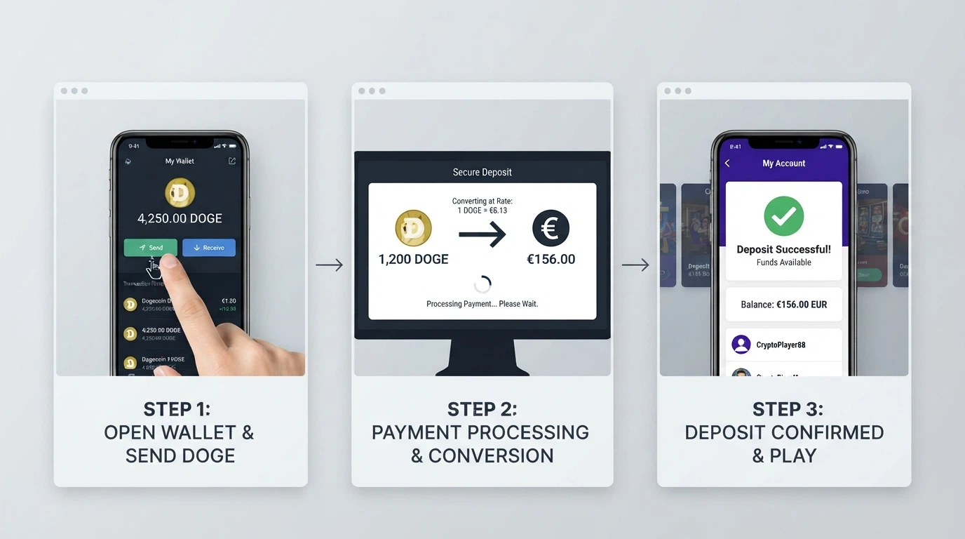 Secuencia visual de los pasos para depositar con criptomoneda: cartera, selección del método y confirmación de la transacción