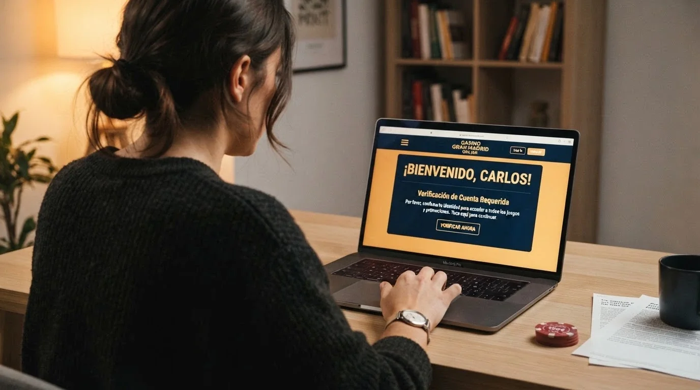 Manos de un jugador ante una pantalla mostrando el botón de registro de un casino online con el mensaje de verificación de cuenta
