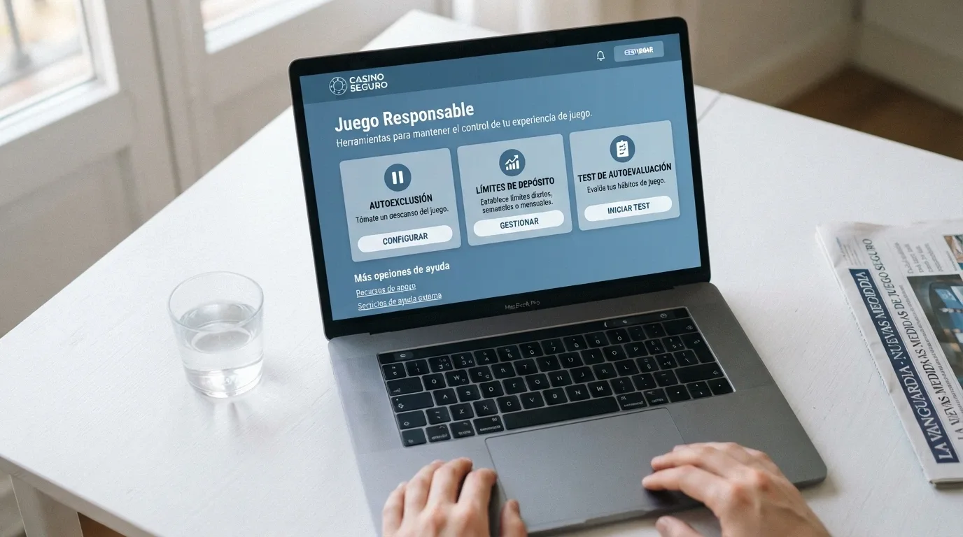 La sección de juego responsable de un casino online español, con los botones de autoexclusión, límites y test de autoevaluación visibles en pantalla