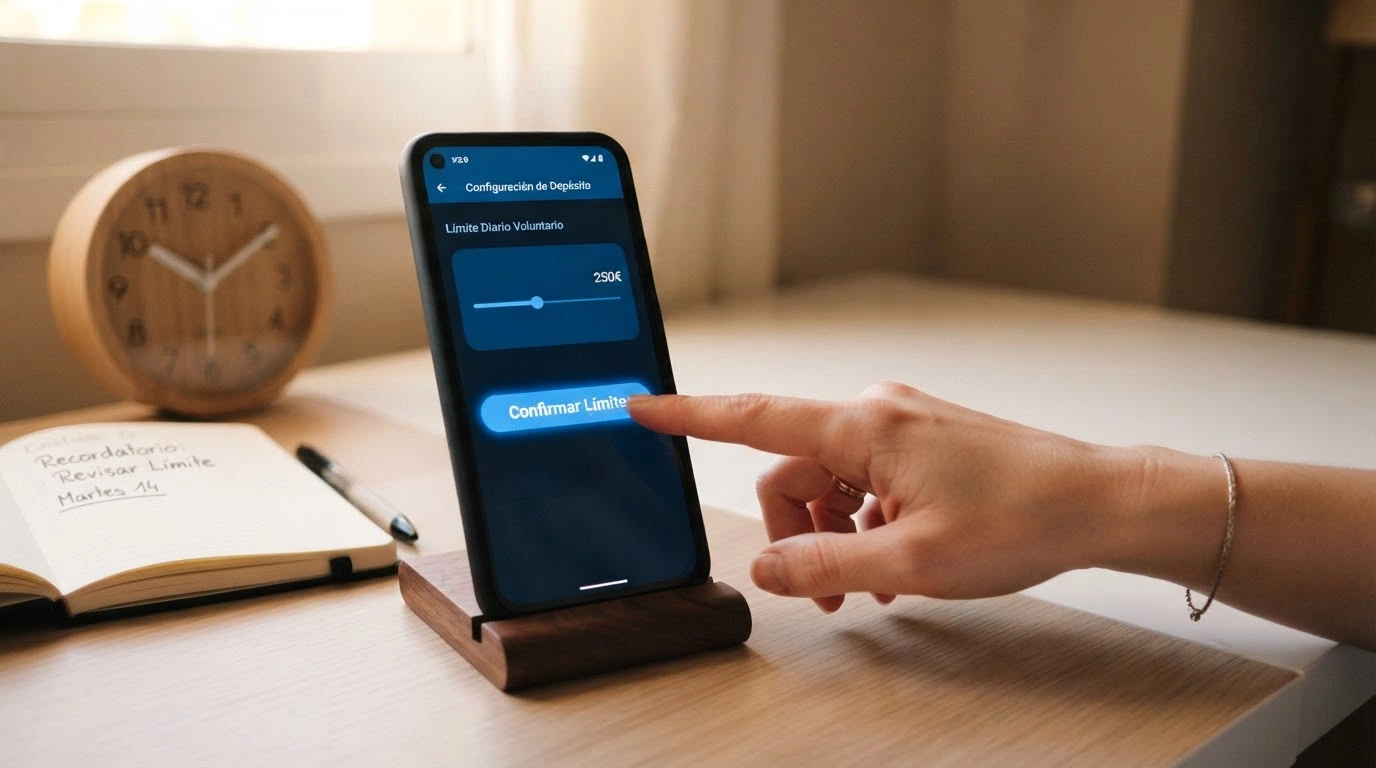 Mano pulsando un botón virtual de «Límite de depósito» en la interfaz de un casino, con un reloj y un calendario al fondo