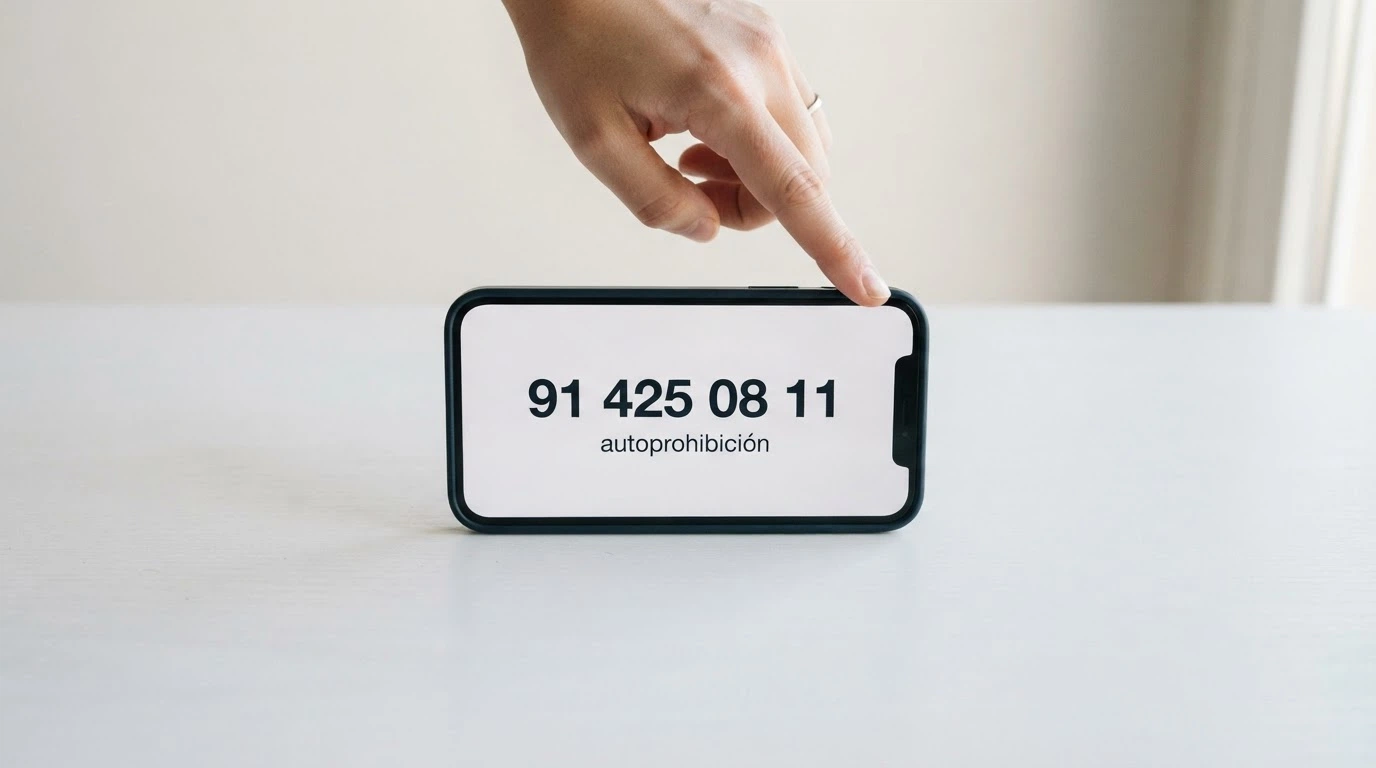 Un teléfono móvil mostrando el número 91 425 08 11 de la DGOJ junto a las palabras «autoprohibición» en la pantalla