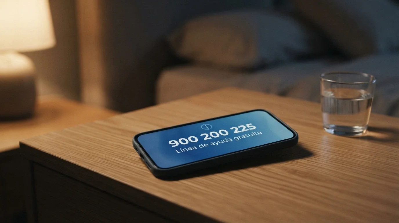 Un teléfono móvil mostrando el número 900 200 225 de FEJAR junto al texto «Línea de ayuda gratuita»