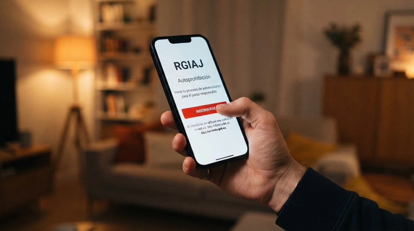 Pantalla de un móvil mostrando la interfaz de autoexclusión del RGIAJ con el botón de inscripción visible