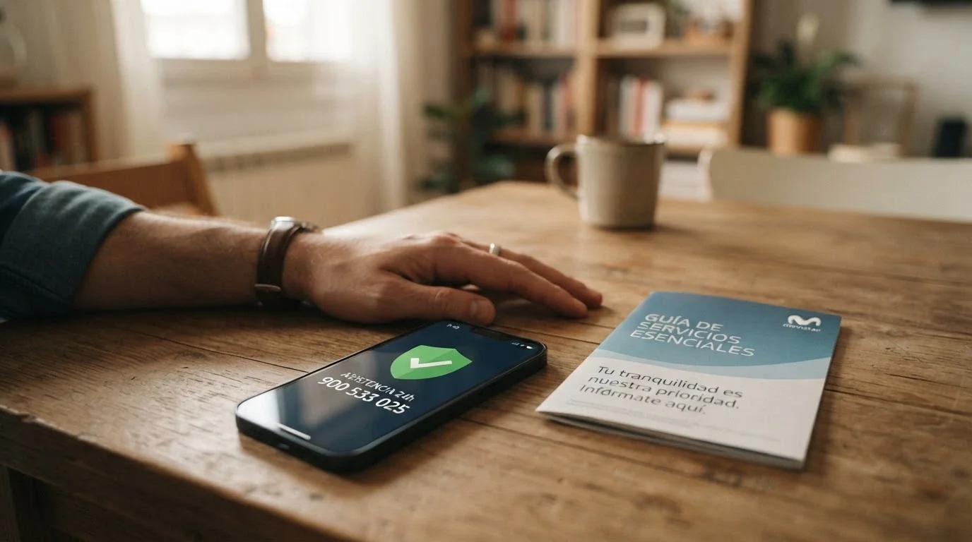 Una mano apoyada sobre una mesa junto a un teléfono con el número 900 533 025 en pantalla y un folleto informativo de la FEJAR