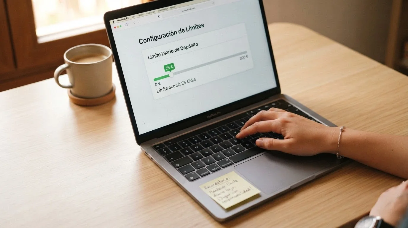 Una mano apoyada sobre un teclado con una nota adhesiva que recuerda un límite de depósito diario autoimpuesto