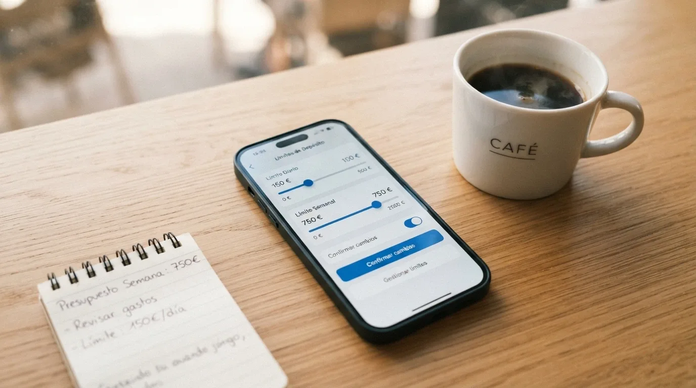 Un teléfono sobre una mesa con la pantalla mostrando un panel de límites de depósito y sesión, junto a una taza de café