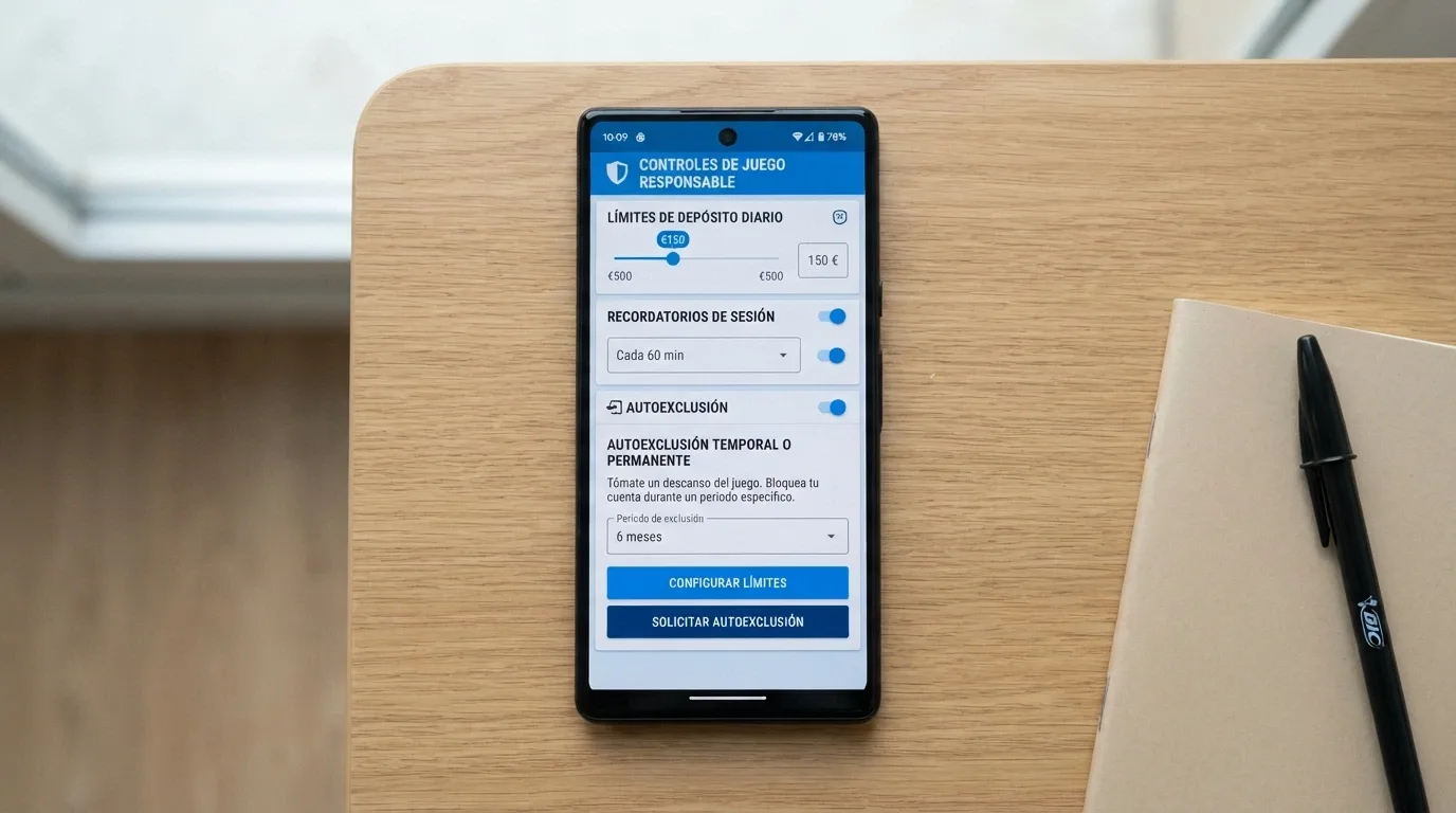 Panel de configuración de límites de depósito en un operador DGOJ, con los controles de sesión visibles