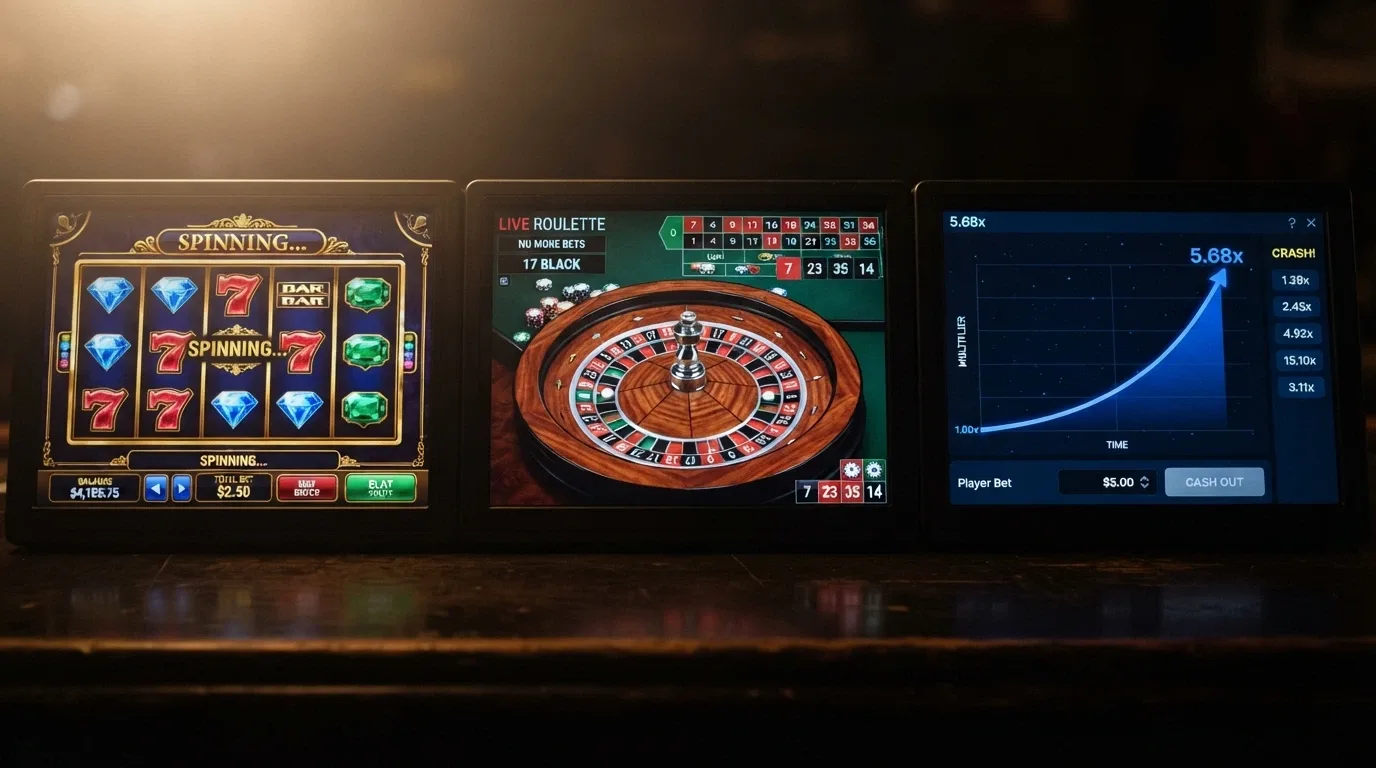 Collage de pantallas de slots, ruleta en vivo con crupier y un juego provably fair tipo crash con gráfico de multiplicador