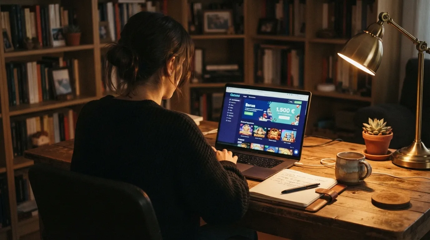 Un jugador frente a la pantalla de un casino online con el importe del bono en la esquina y un bloc de notas donde ha apuntado las tres preguntas clave: cuánto depositar, cuánto tiempo dedicar, qué RTP elegir