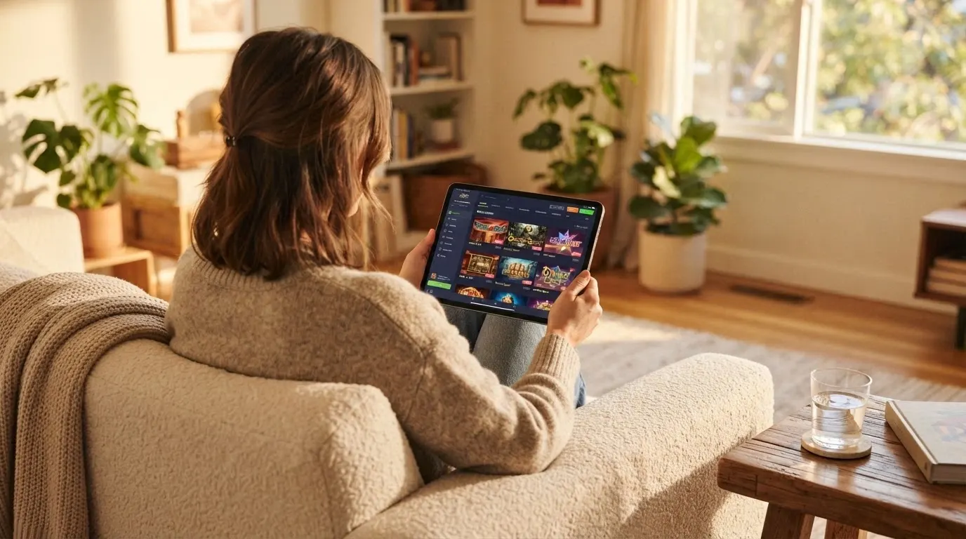 Un jugador consultando el catálogo de tragamonedas en una tableta, con el entorno de juego responsable visible en segundo plano