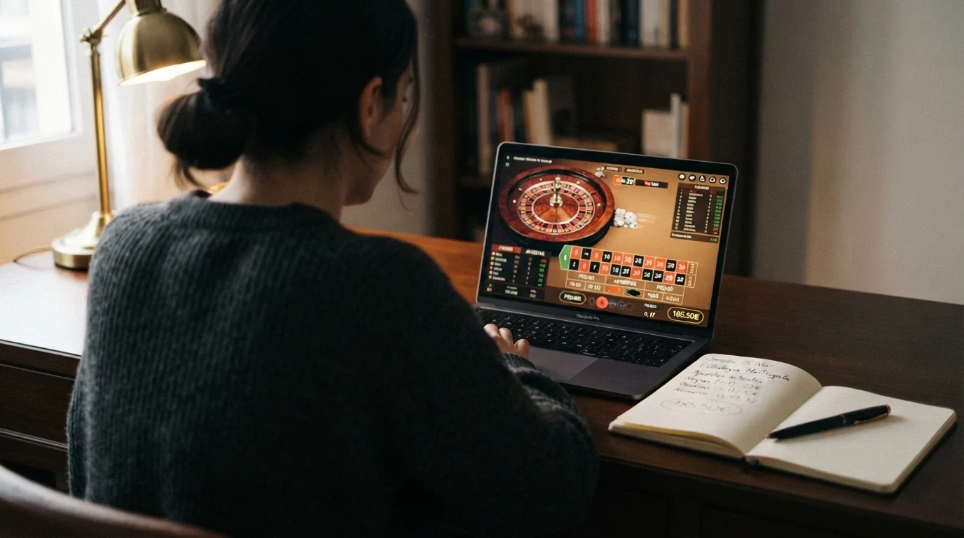Jugador frente a una pantalla con una mesa de ruleta en vivo, con un bloc de notas al lado donde ha apuntado su límite de sesión