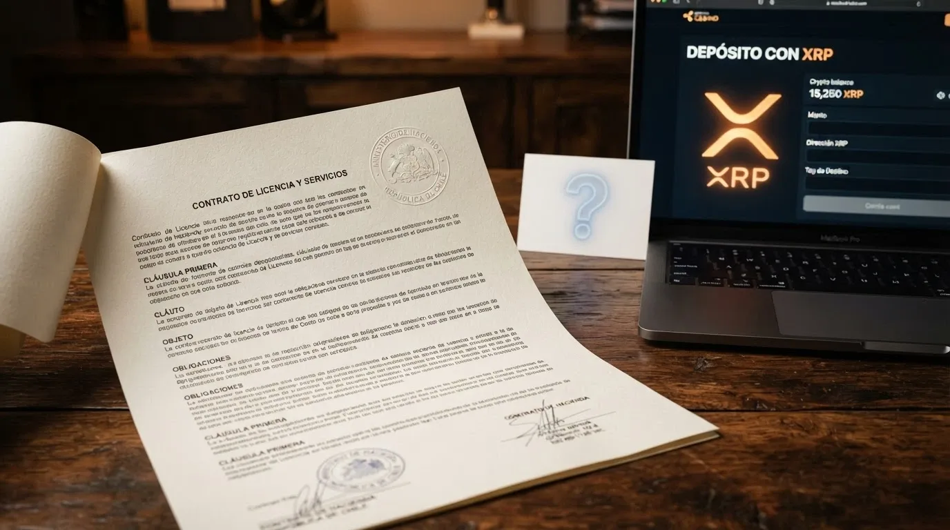 Primer plano de un documento oficial con el escudo de la DGOJ junto a una pantalla que muestra la interfaz de un casino con el logo de XRP; entre ambos, un signo de interrogación