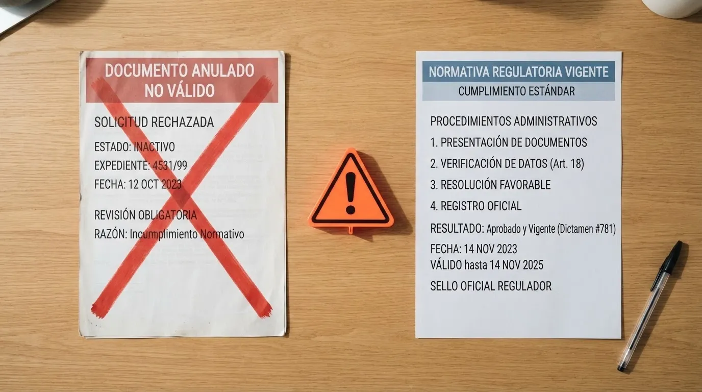 Un escritorio con dos documentos oficiales: uno con el sello de la DGOJ y la bandera de España tachado en rojo, y otro con el sello de la Curazao Gaming Authority. Entre ambos, un signo de advertencia triangular.