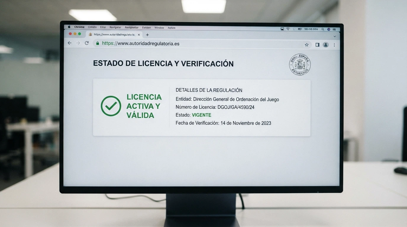 Detalle del sello de la DGOJ junto a un dominio .es en la barra de navegación de un navegador, con el candado de seguridad visible
