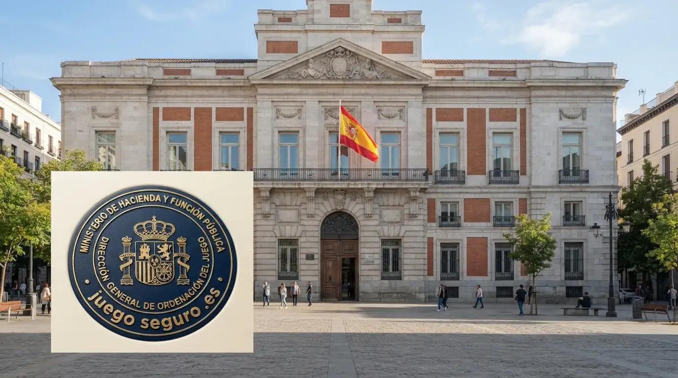 Fachada del edificio de la DGOJ en Madrid con la bandera de España y un primer plano superpuesto de un sello oficial que dice «juego seguro .es»