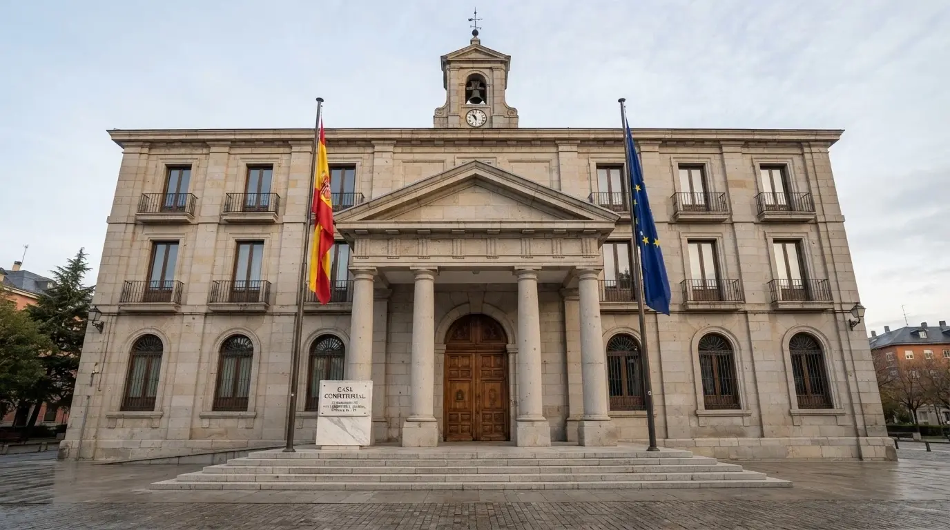 La fachada de un edificio institucional con la bandera de España y de la UE junto al logotipo de la DGOJ en una placa