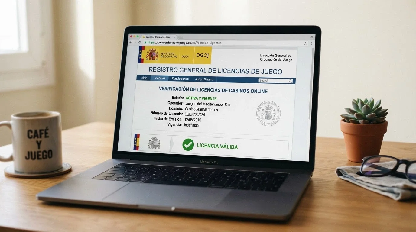 Pantalla de ordenador mostrando la web de ordenacionjuego.es con el sello de la DGOJ visible y un candado verde
